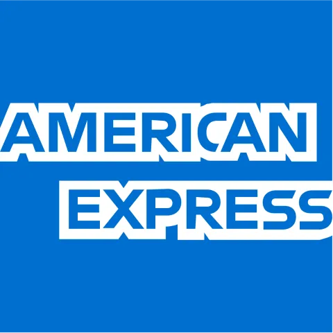 American Express logo with bold white text ‘AMERICAN’ stacked above ‘EXPRESS’ on a blue background.