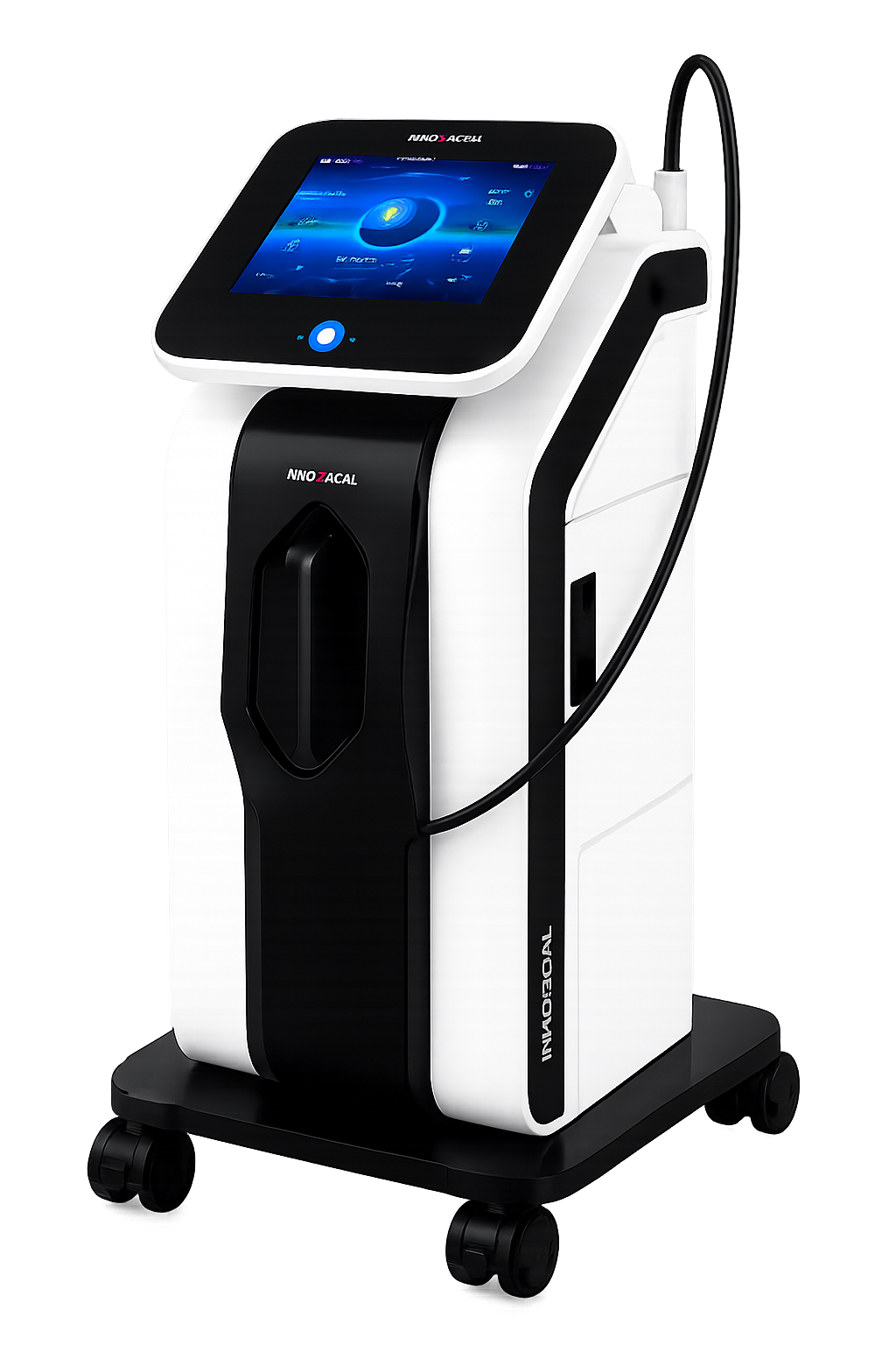 White and black cosmetic device with touchscreen and attached hose on a wheeled base.