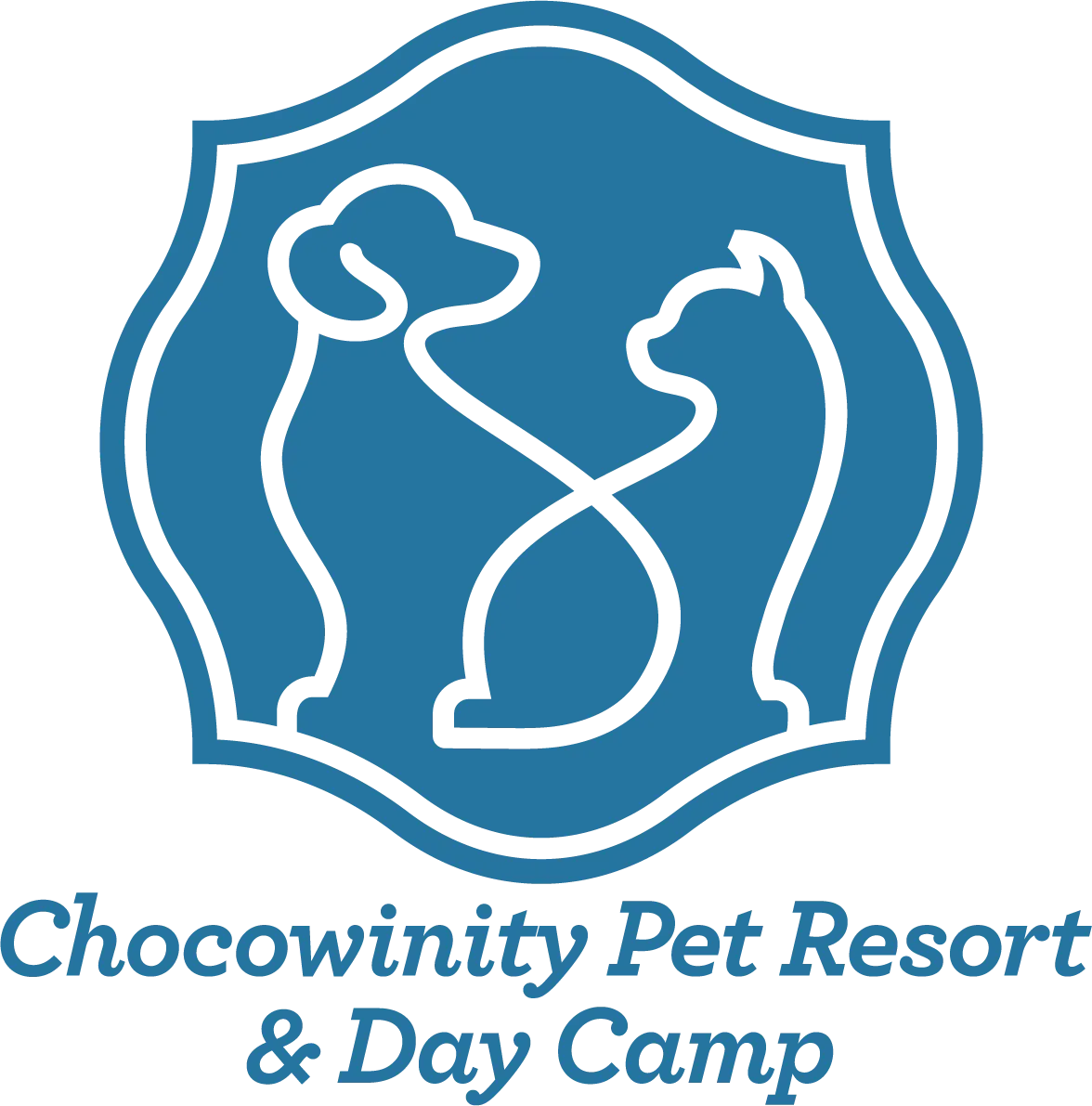 Chocowinity Pet Resort & Day Camp logo with two dogs in blue shield