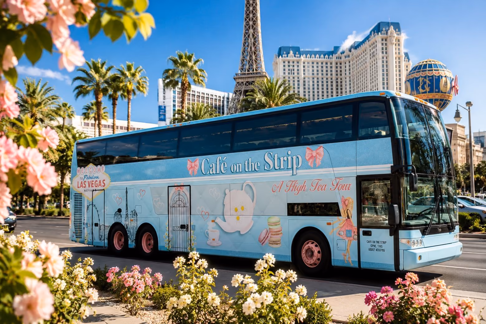 The Cafe on the Strip Party Coach out front of the Bellagio Hotel