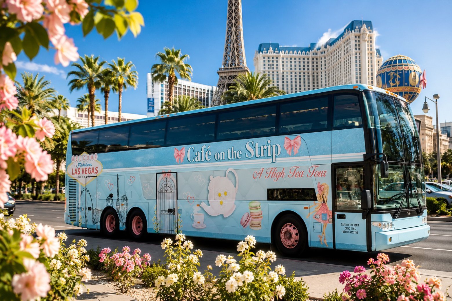 The Cafe on the Strip Party Coach out front of the Bellagio Hotel