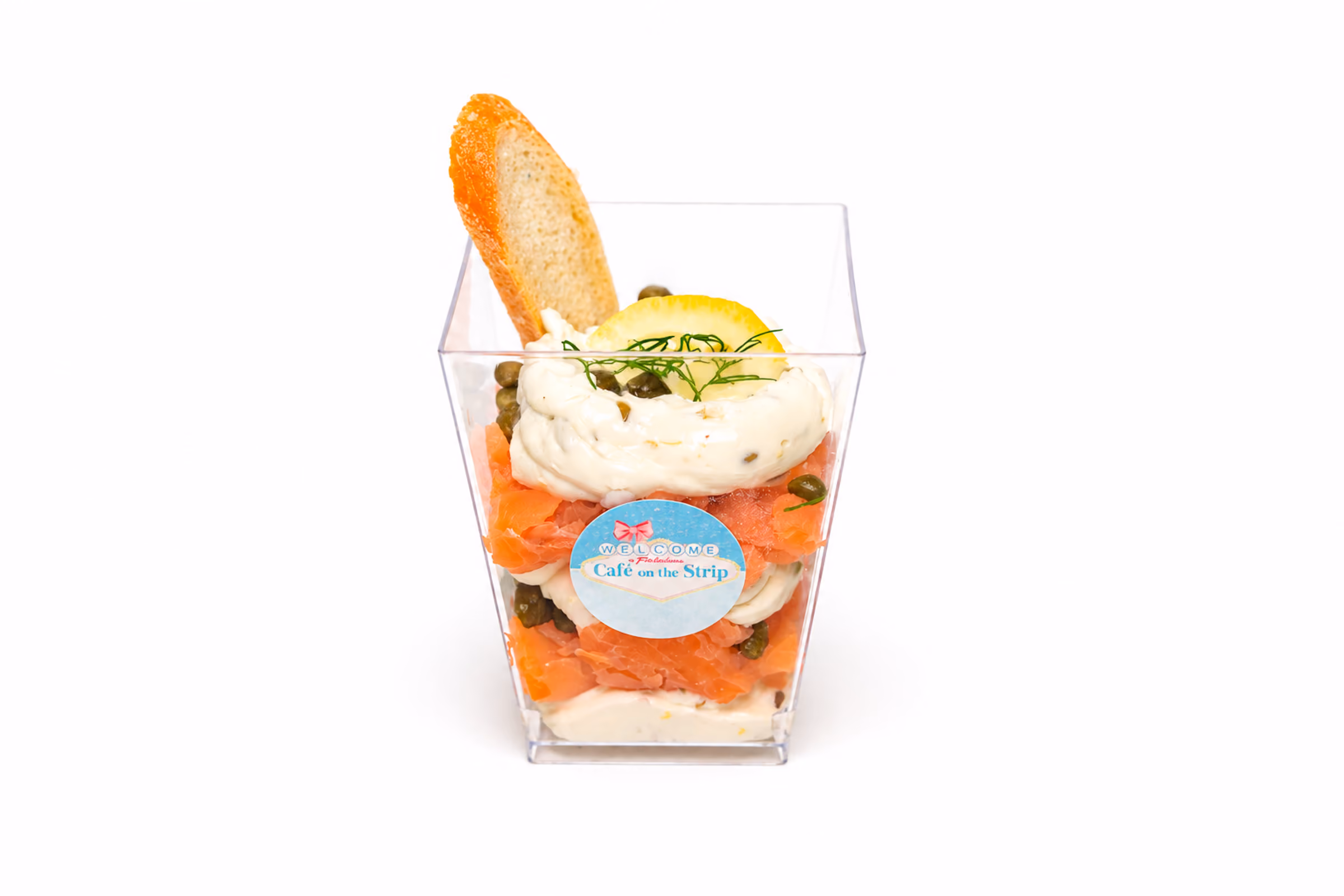 Smoked salmon parfait with lemon crème fraîche, dill and capers