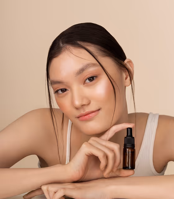 Smiling woman with glowing skin holding a small amber dropper bottle, against a beige background.