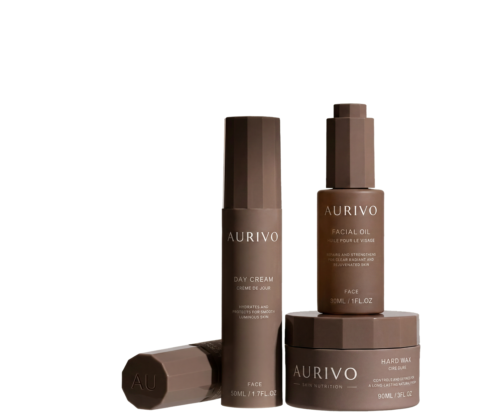 Three brown skincare products from Lernberger Stafsing: day cream, facial oil, and hard wax.