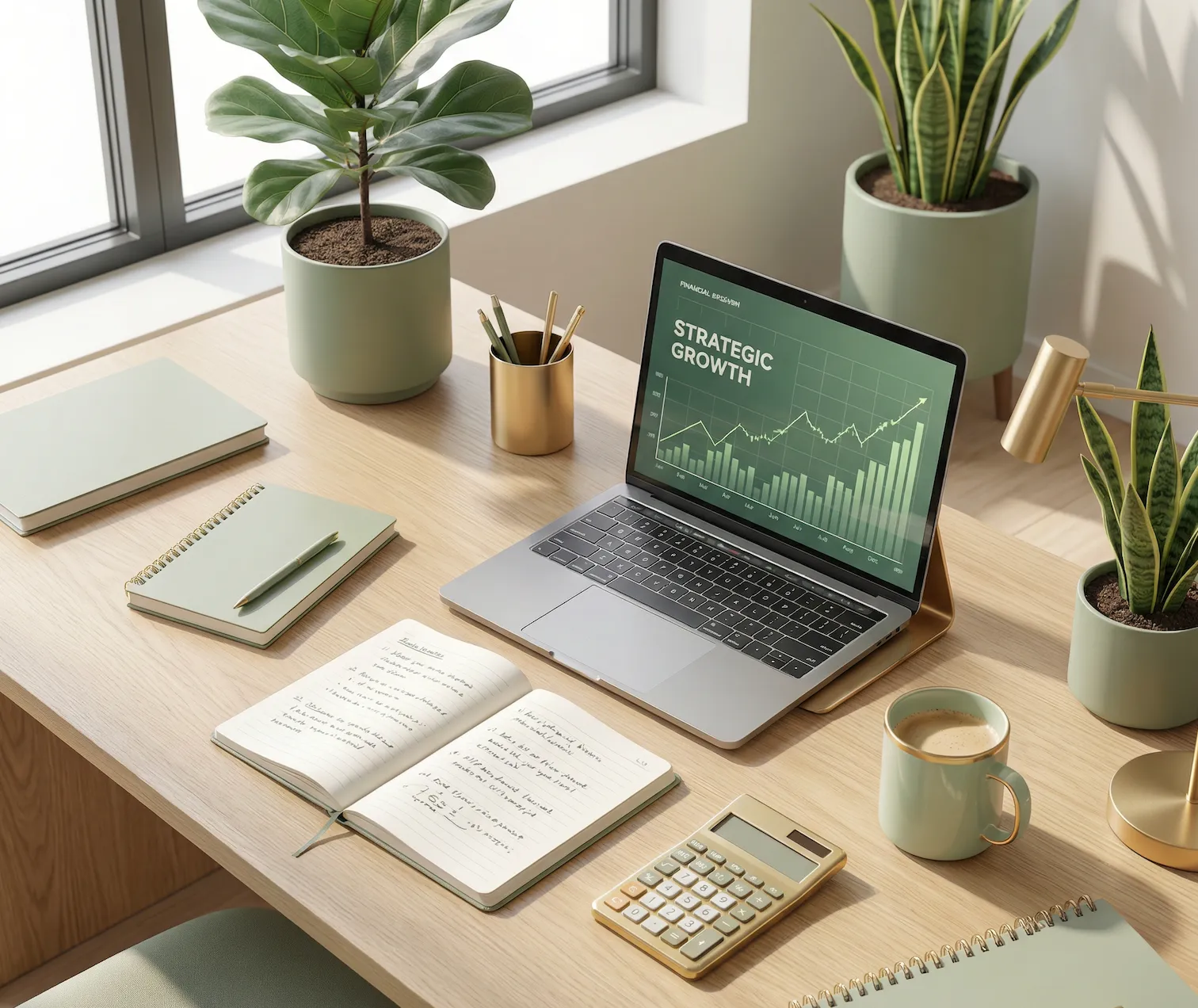 Modern workspace desk with a laptop displaying a strategic growth chart, surrounded by notebooks, a calculator, and plants