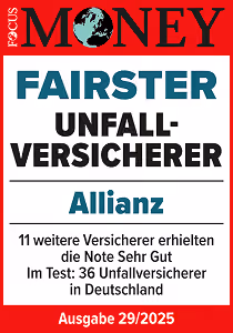 Focus-Auszeichnung „Fairster Unfallversicherer“ an Allianz, inkl. Bewertung weiterer Versicherer in Deutschland.