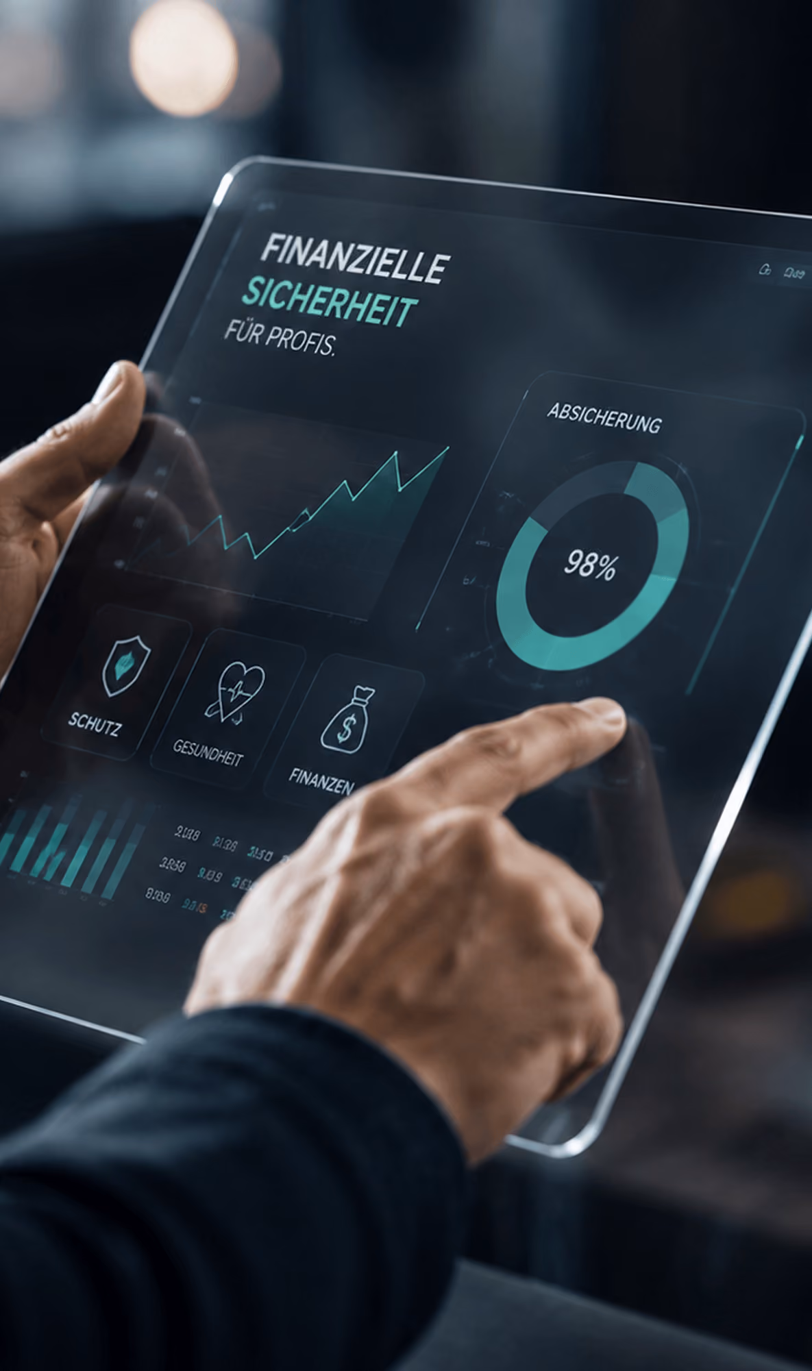 Finger tippt auf transparenten Bildschirm mit Finanztabellen, Diagrammen und dem Text "Finanzielle Sicherheit für Profis".