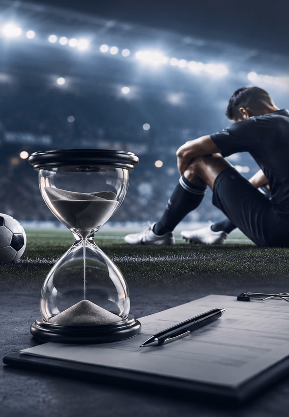 Sanduhr im Vordergrund, sitzender Fußballspieler im Hintergrund, Fußball neben ihm, Stadionlichter leuchten.