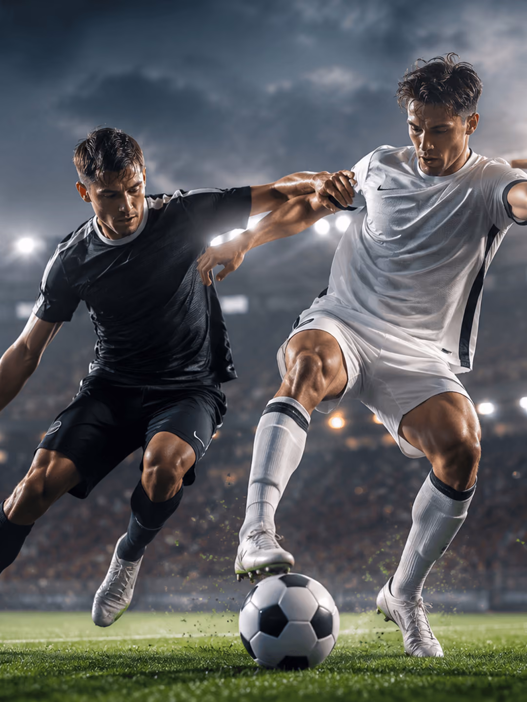 Zwei Fußballspieler kämpfen um den Ball im beleuchteten Stadion, einer in Schwarz, der andere in Weiß gekleidet.