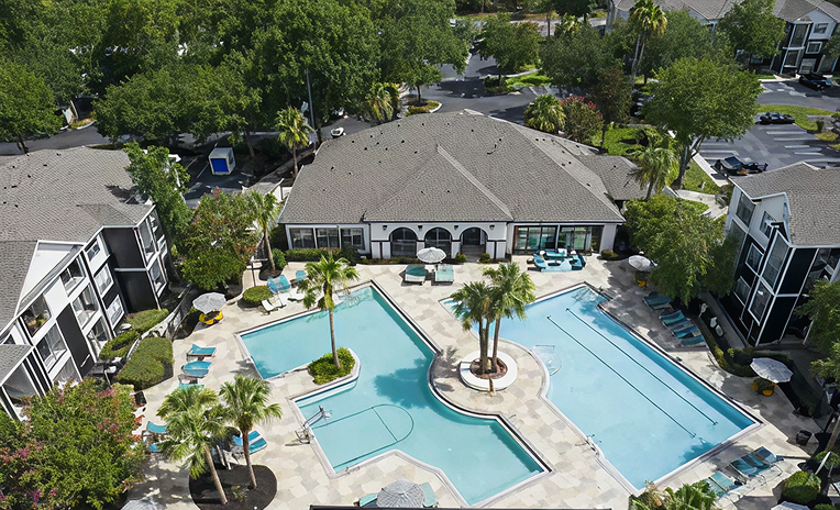 Aerial view of a student community pool