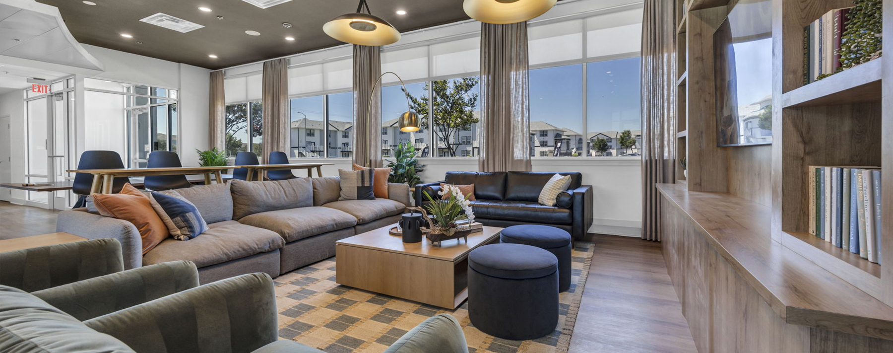 Spacious clubhouse lounge with sectional sofas