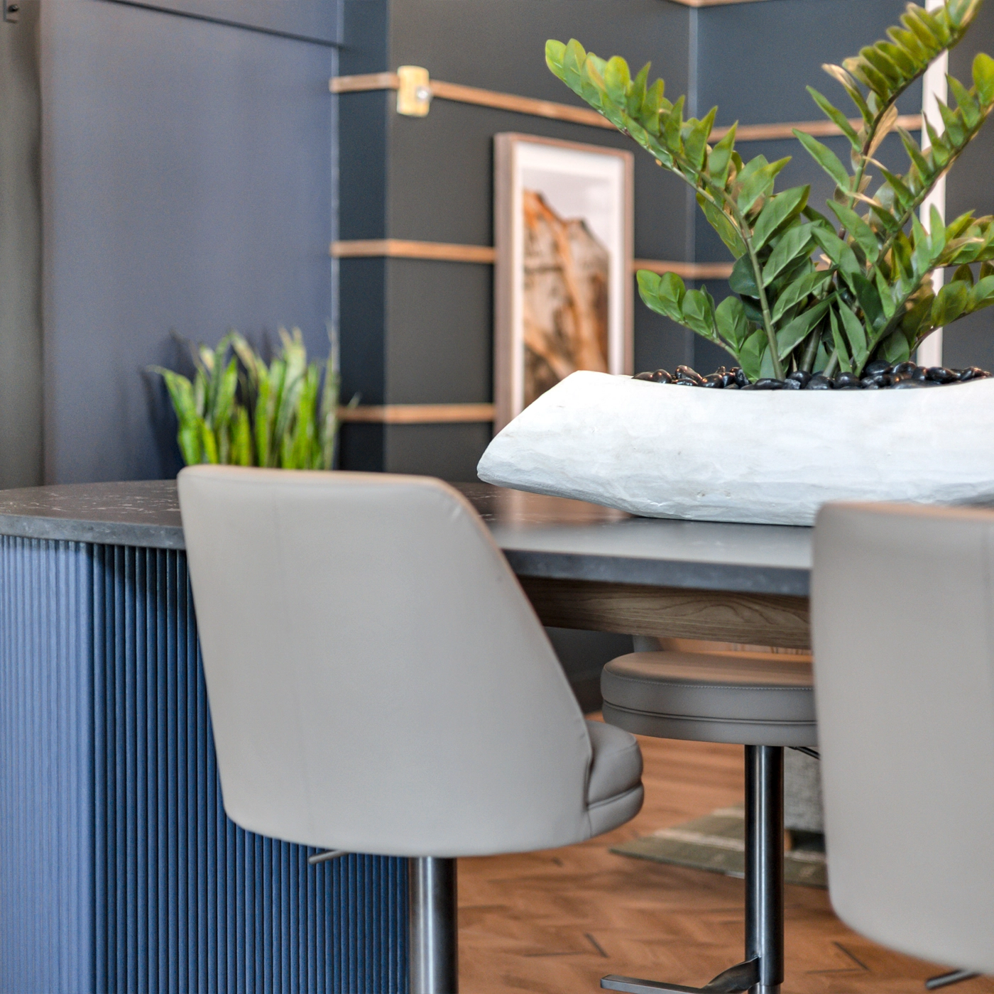 Study nook with swivel chairs and plants