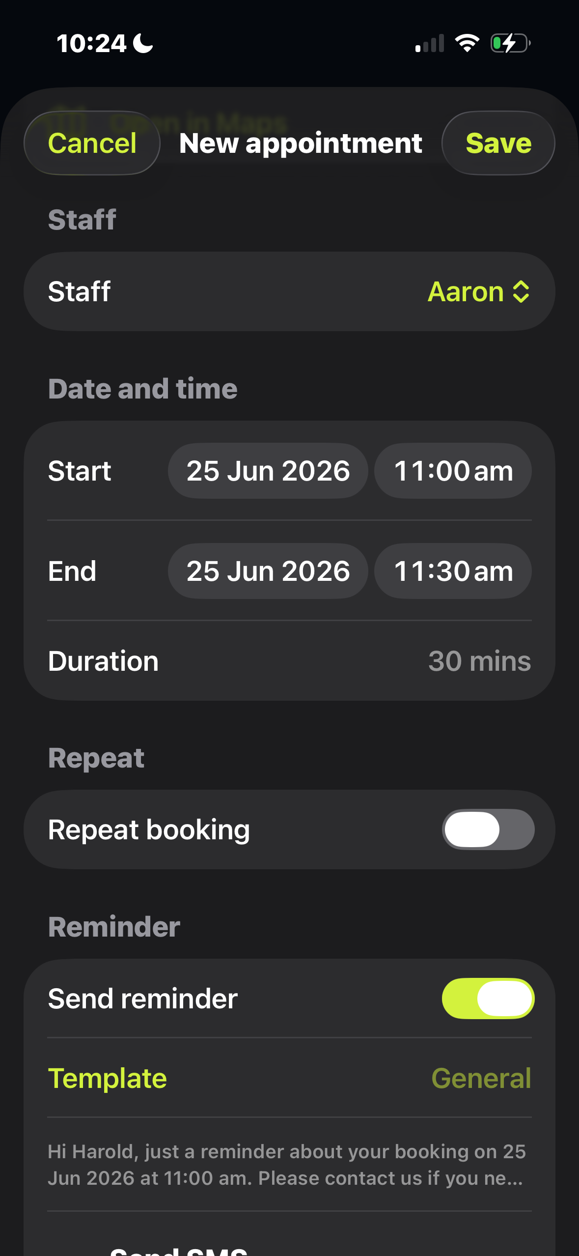 Synnct booking creation screen