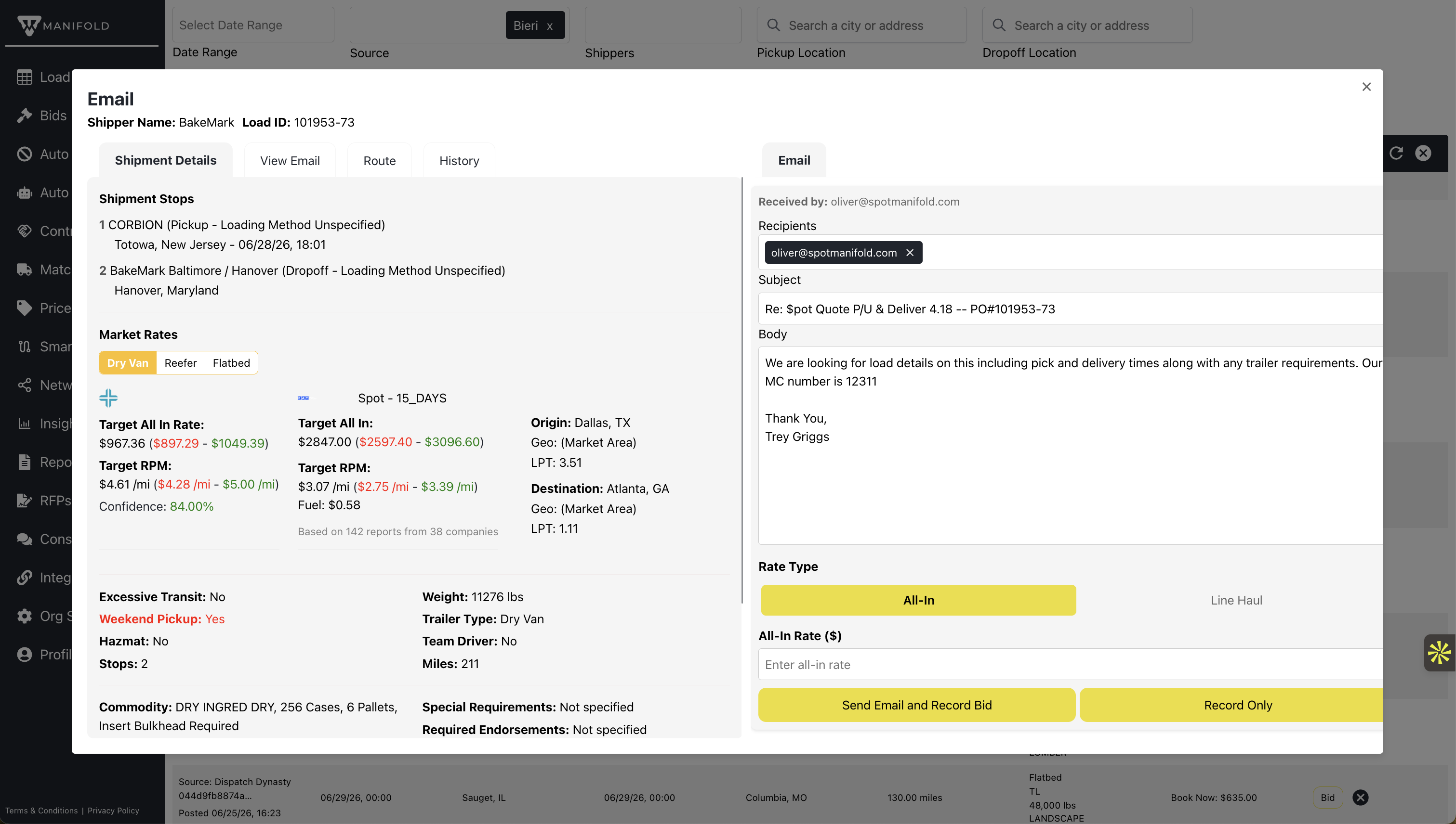 Parsed email load ready to quote in Manifold