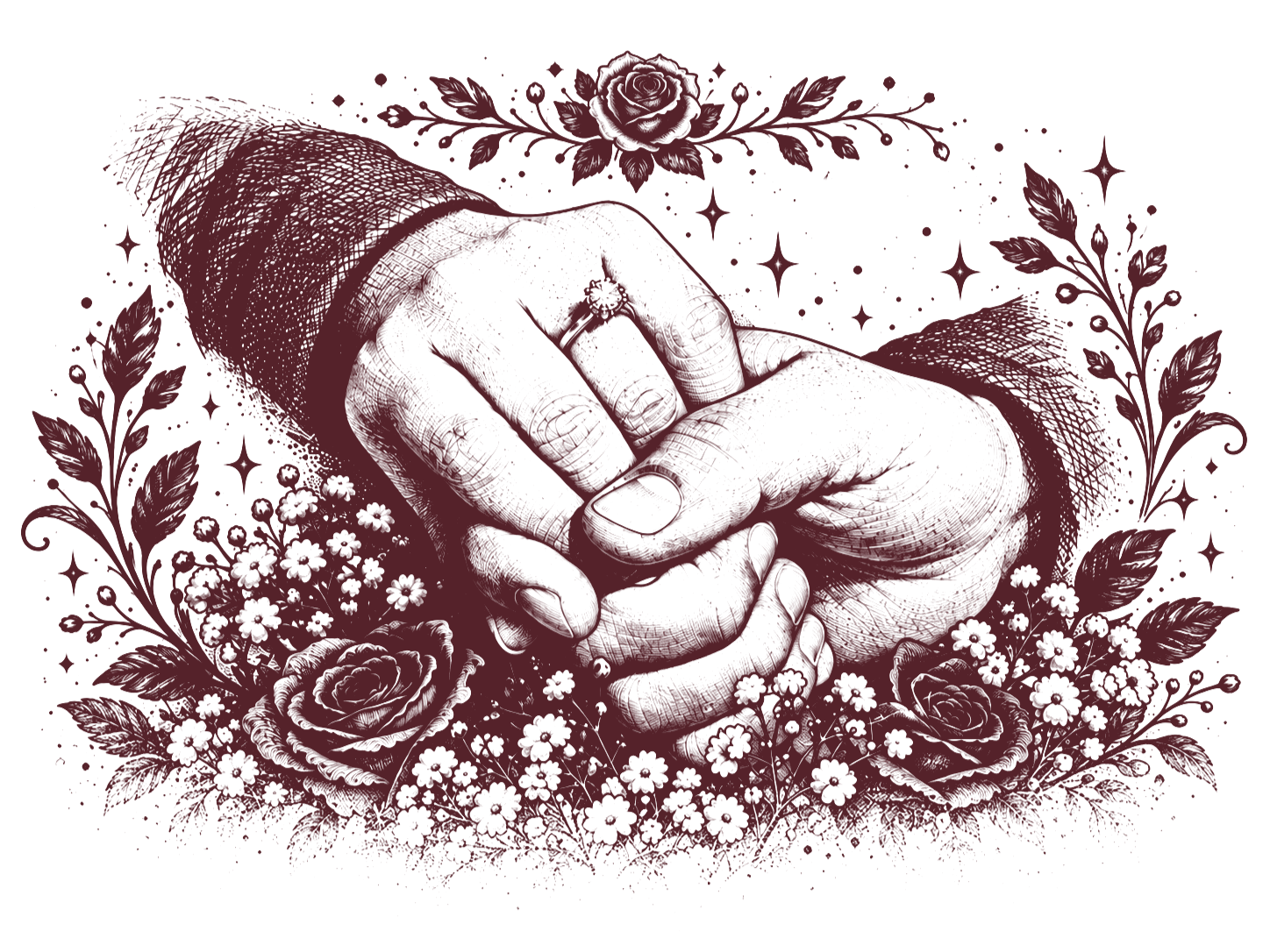 Illustration of the couple holding hands, with Pryangka's engagement ring.