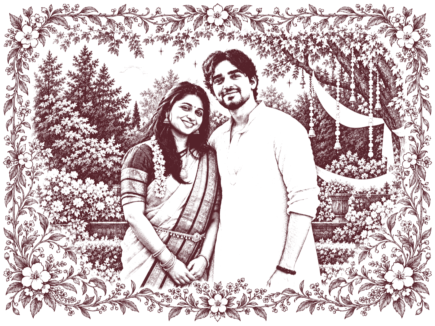 Illustration of Pryangka and Shashaank during their engagement ceremony.