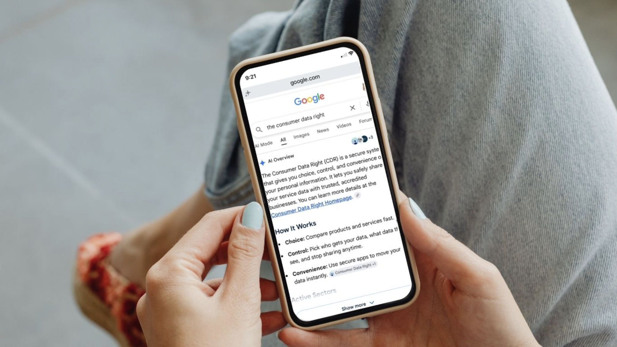 A woman using her phone to research the Consumer Data Right in Australia.