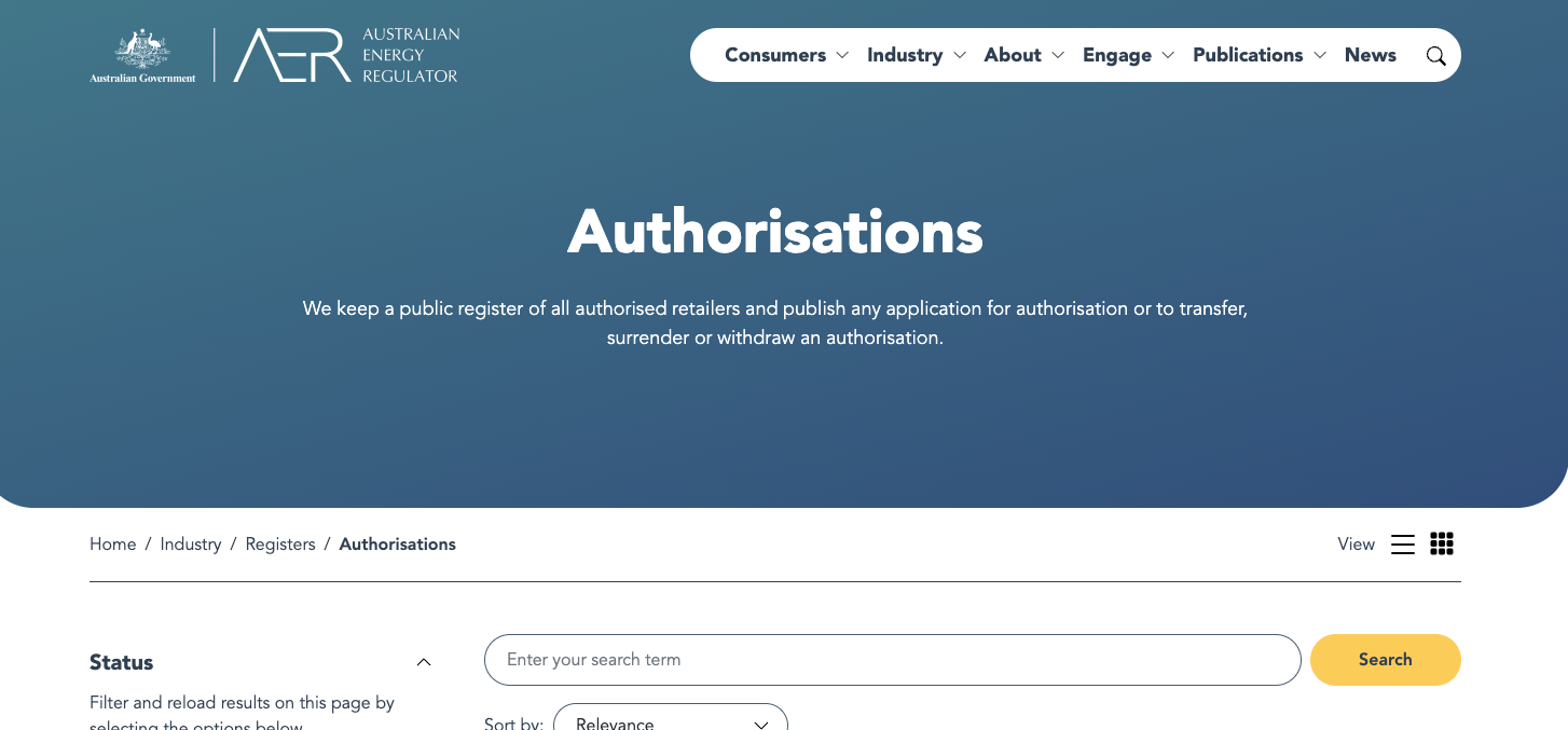 a screenshot of the AER to check for authorised providers