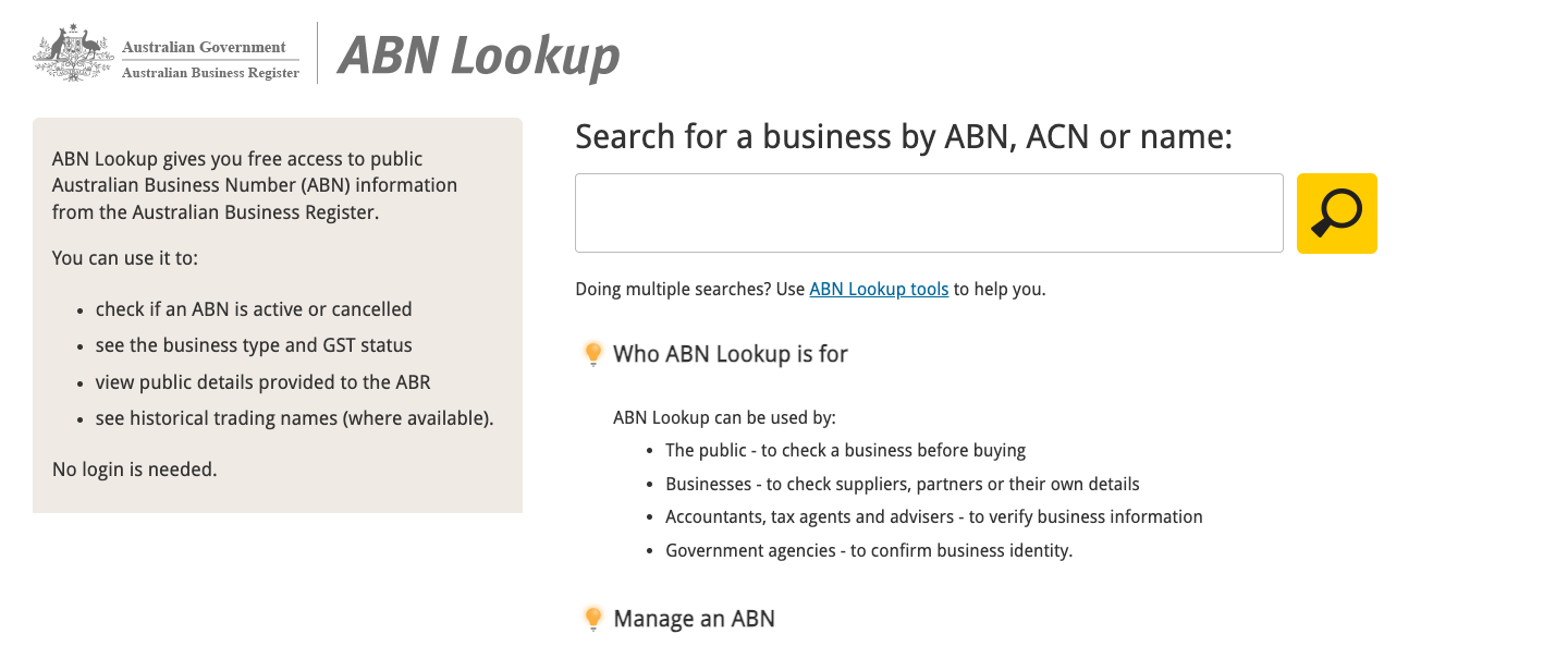a screenshot from the ABN Lookup online