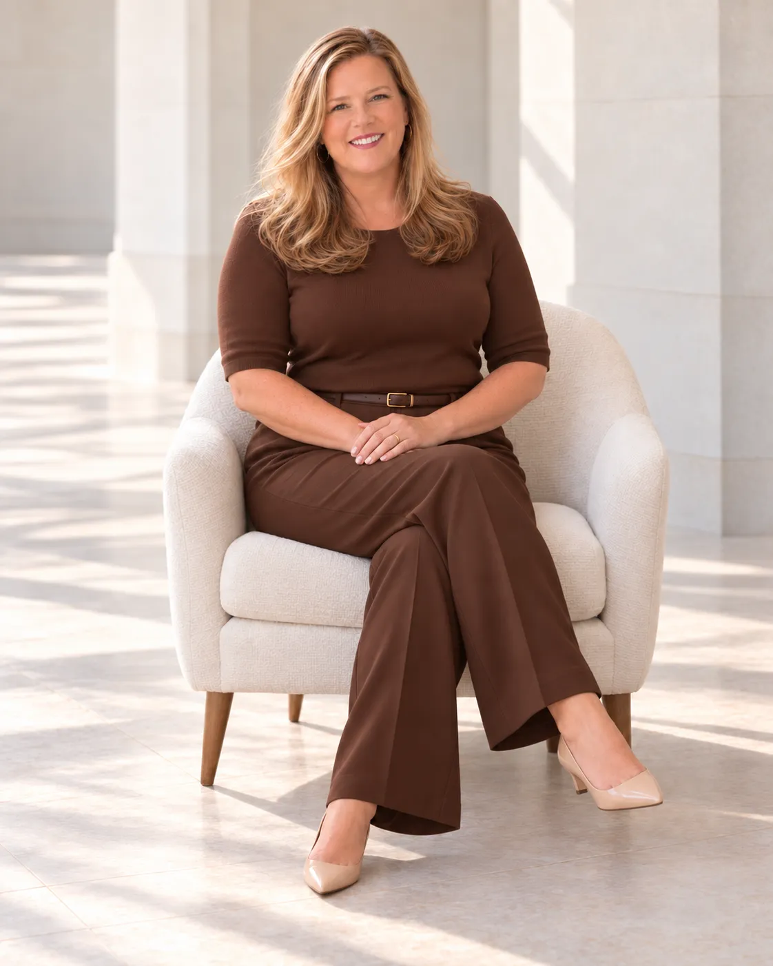 Polly Keene seated in a cream boucle chair, wearing a brown top and trousers