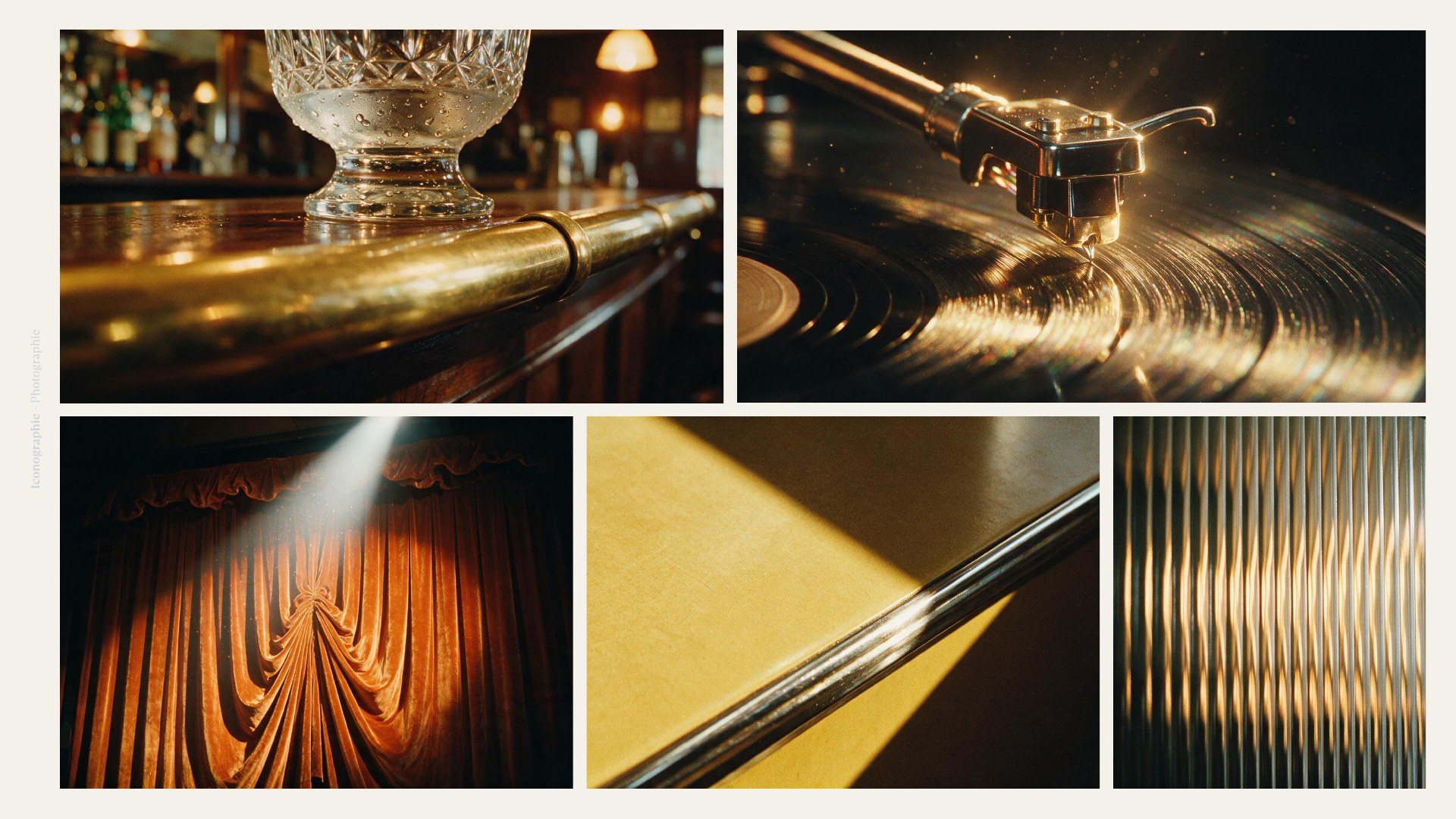Planche d’imagerie Platine : bar en laiton, platine vinyle, rideau de scène