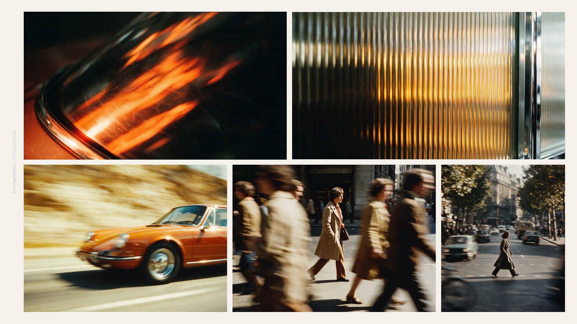 Planche d’imagerie Platine : verre cannelé, voiture des années soixante-dix, foule en marche