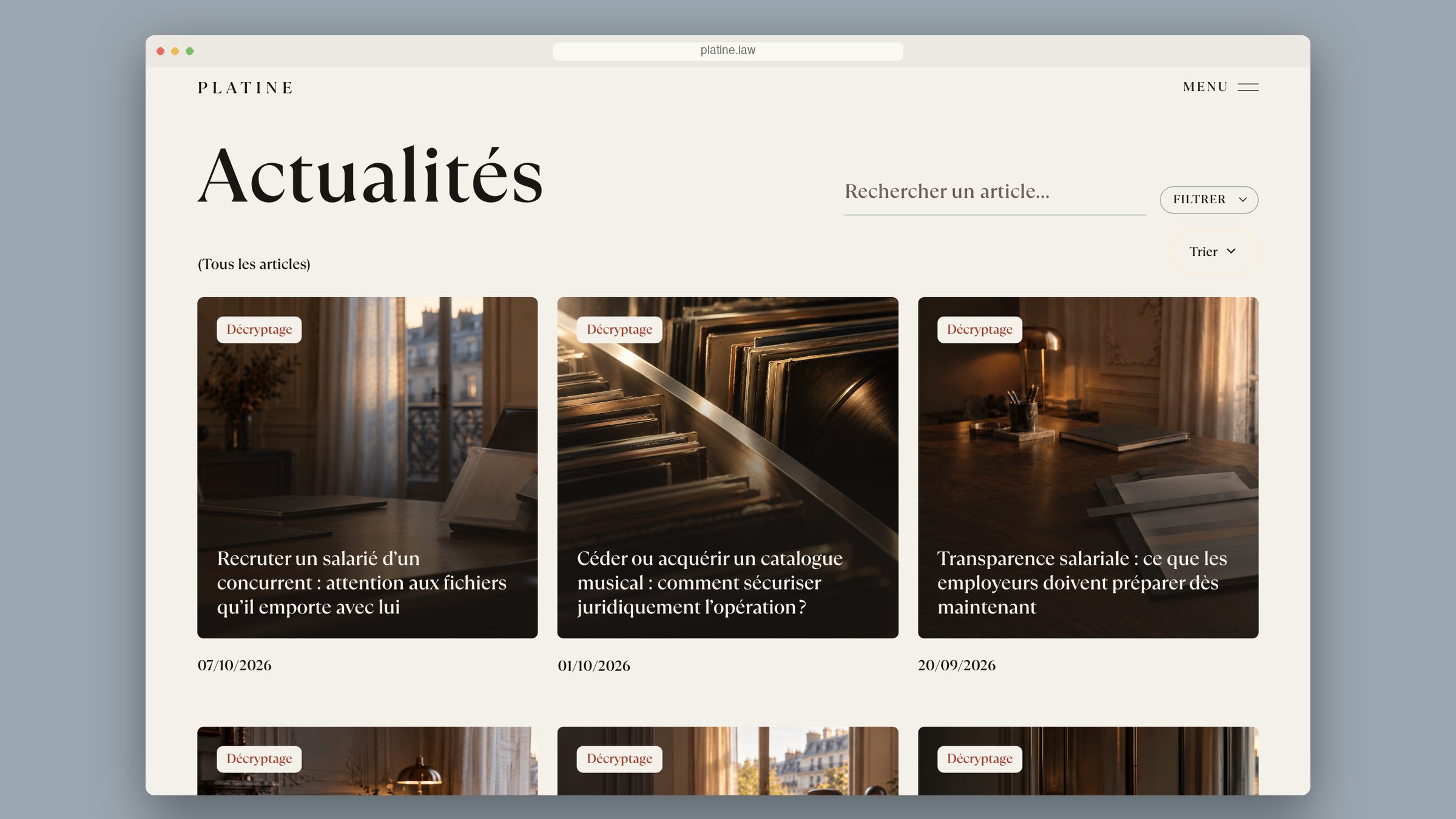 Page Actualités du site Platine avec recherche et filtres
