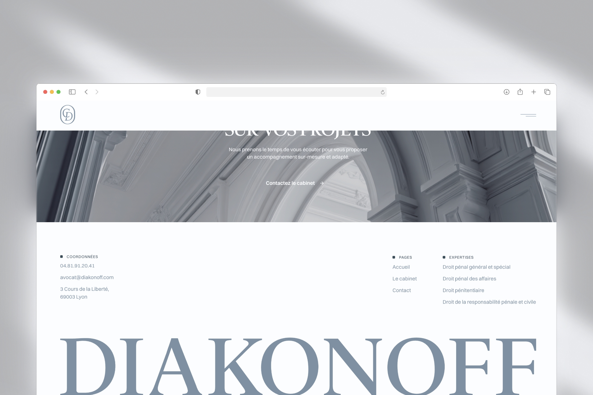 Bas de page du site Diakonoff Avocats, appel au contact et coordonnées du cabinet à Lyon