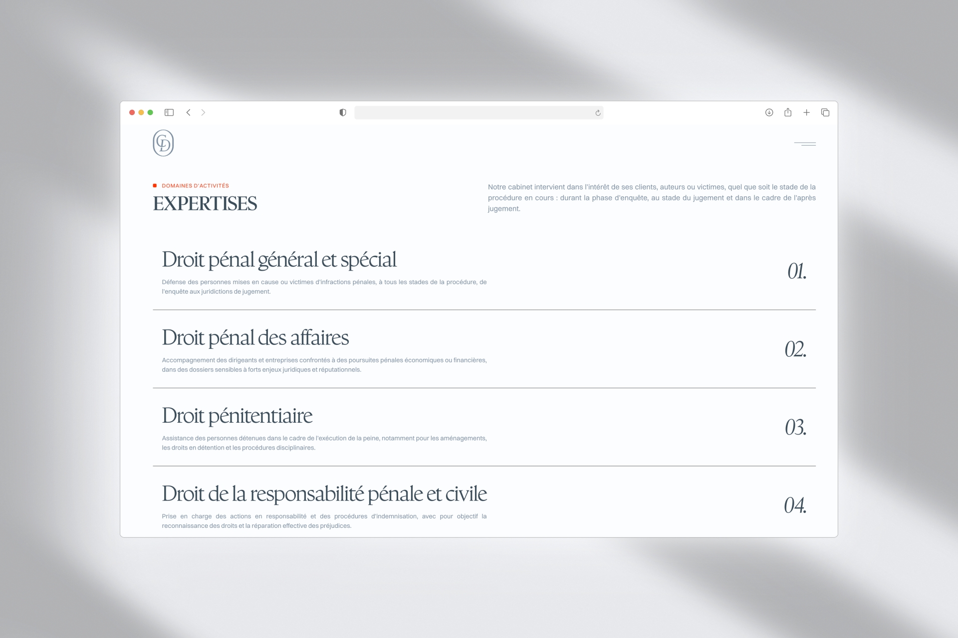 Page Expertises du site Diakonoff Avocats, les quatre domaines d'intervention en droit pénal