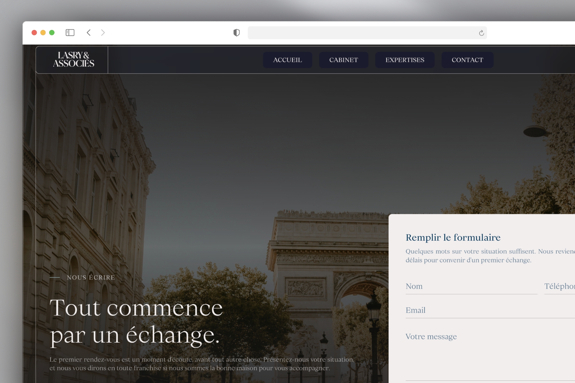 Page de contact du site Lasry & associés, formulaire de première prise de contact