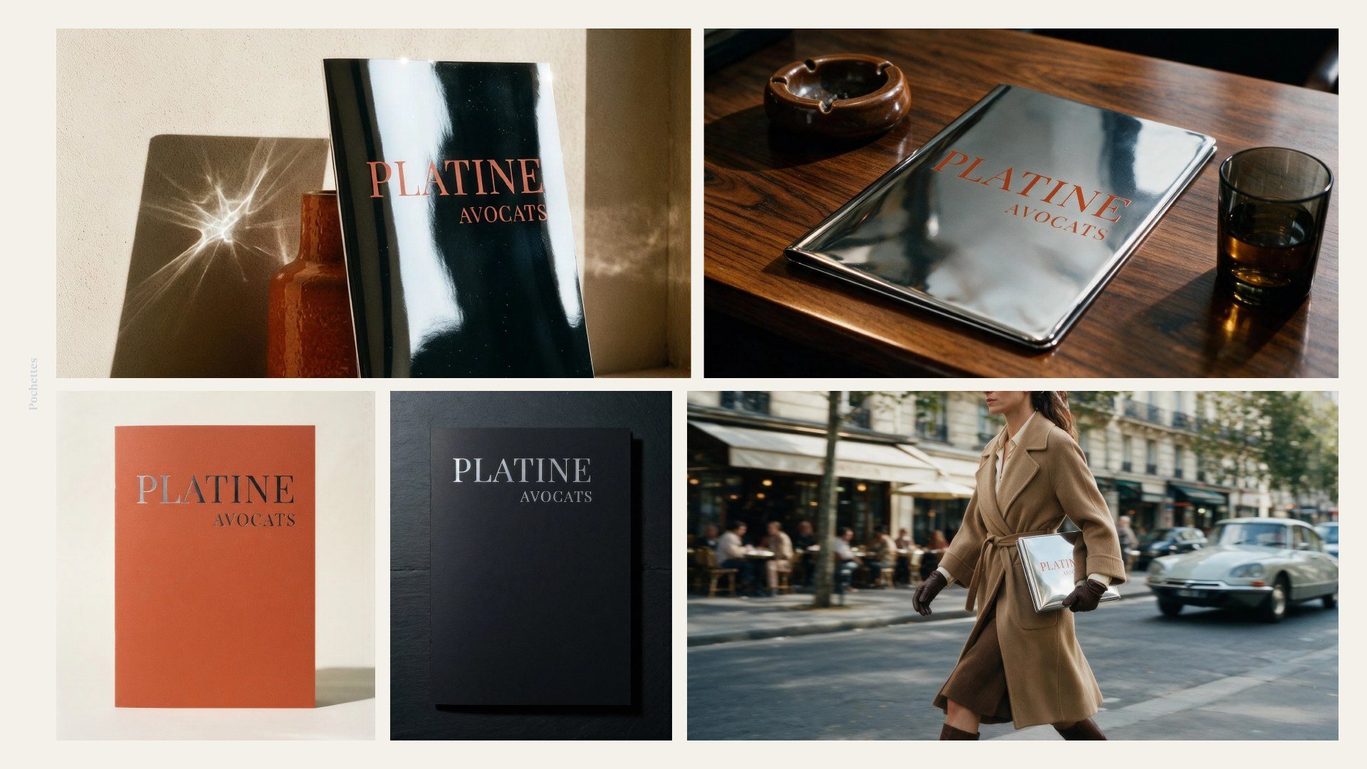 Pochettes Platine Avocats en terracotta, encre et chrome