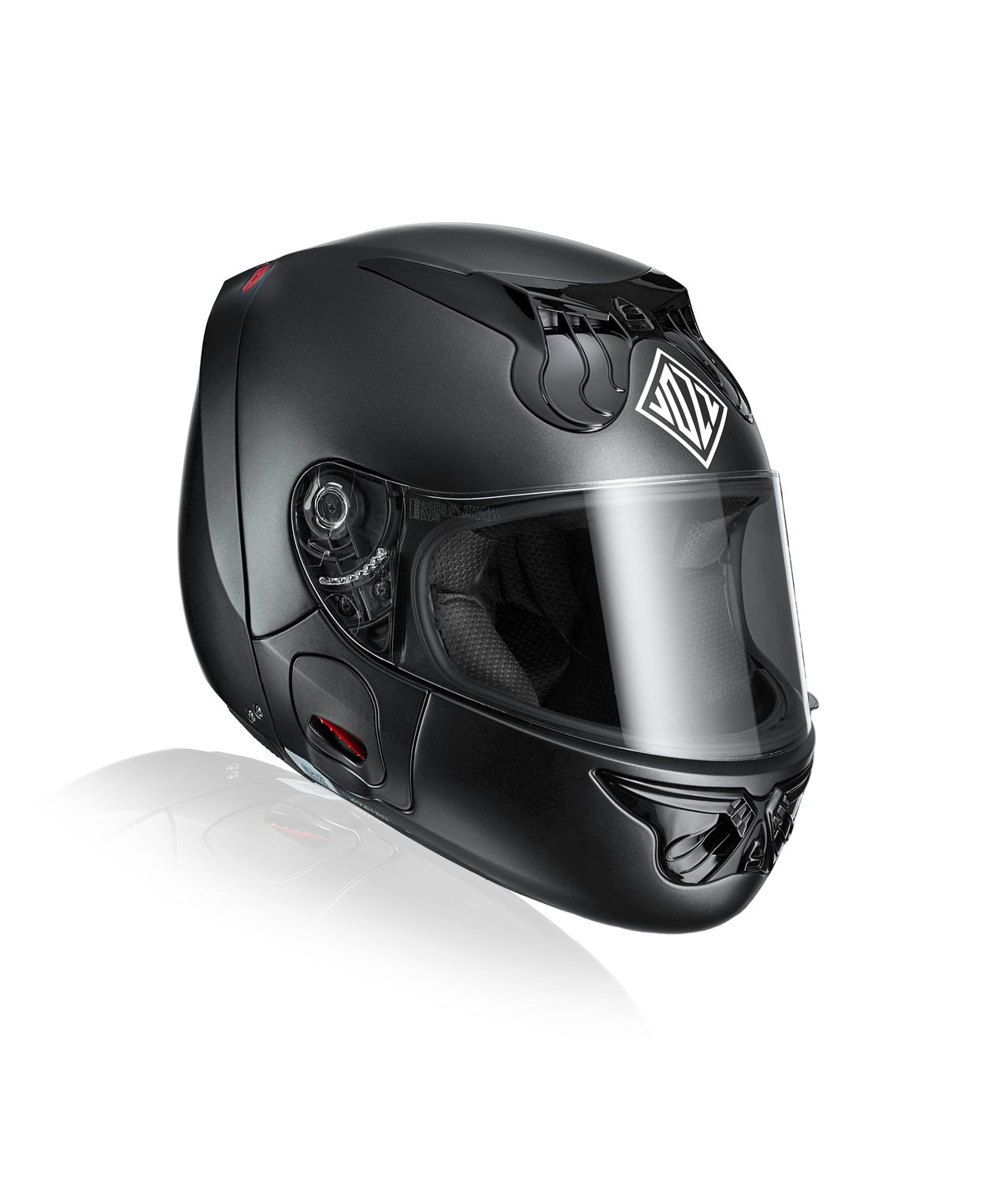 Matte black full-face motorcycle helmet with clear visor and ventilation details.