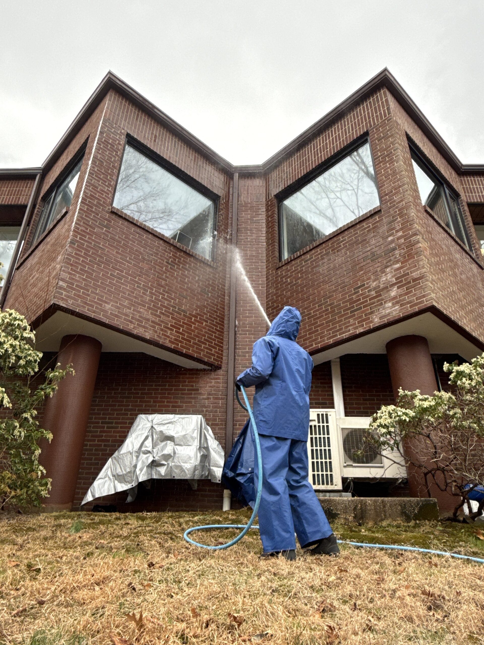 Office building being soft washed in Chatham, New Jersey