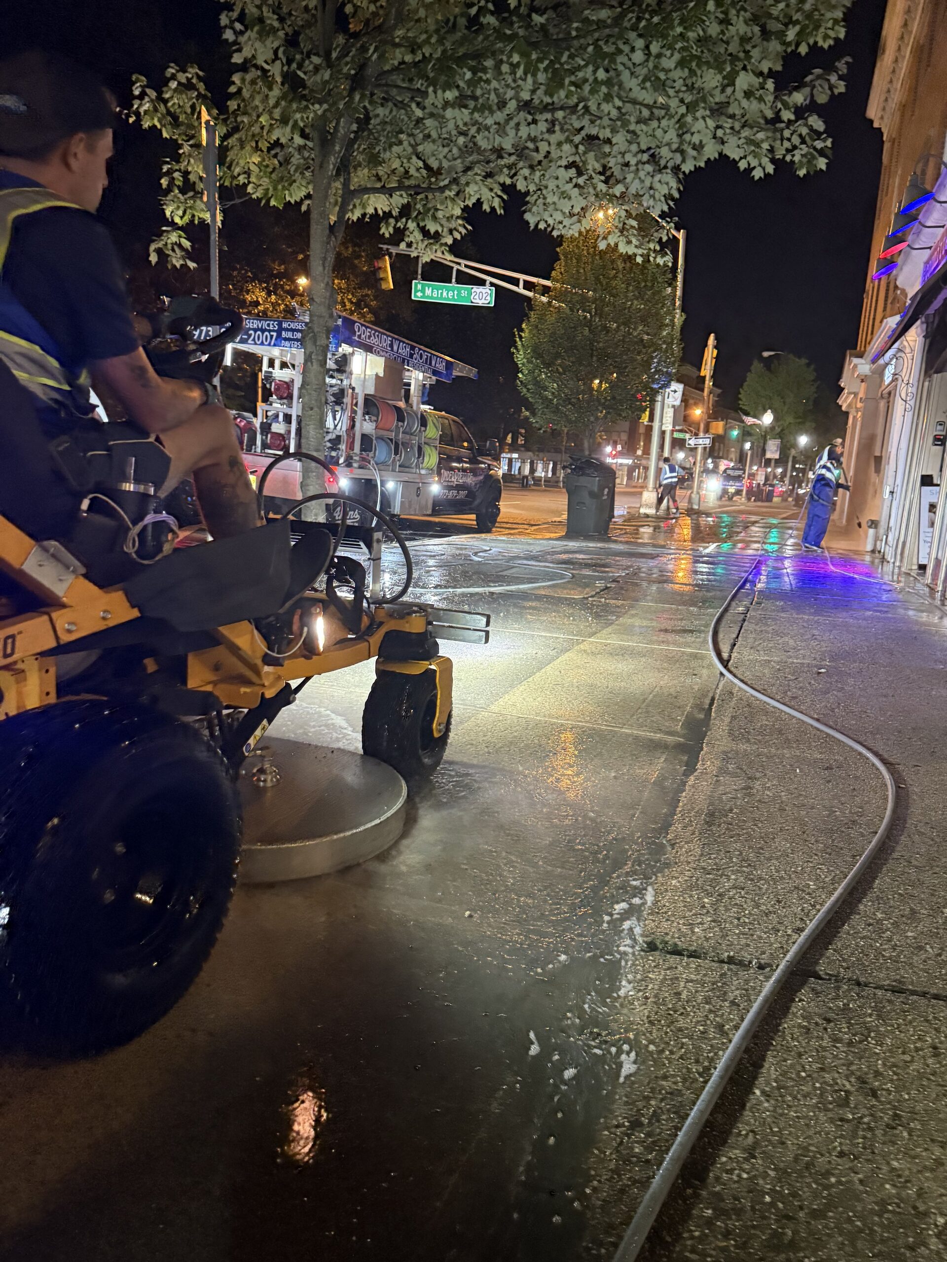 Overnight sidewalk cleaning at a New Jersey shopping center