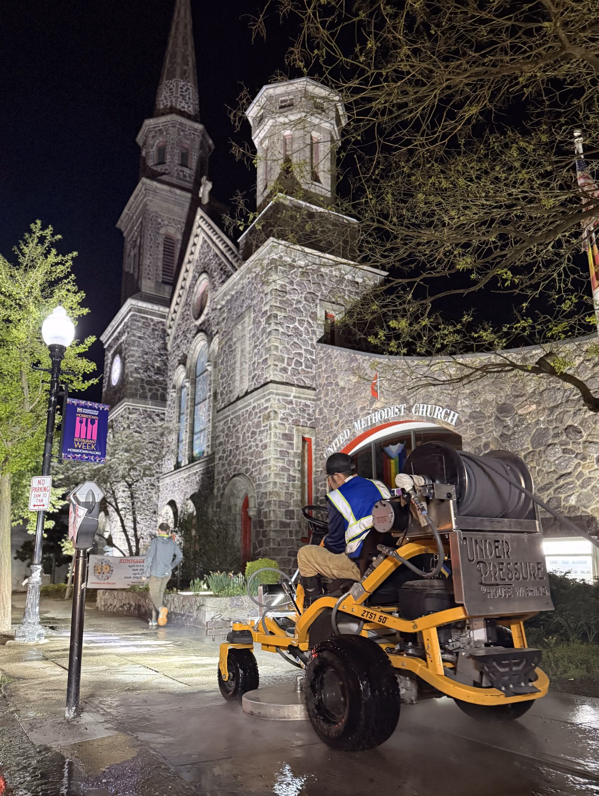 Commercial concrete cleaning at night in New Jersey