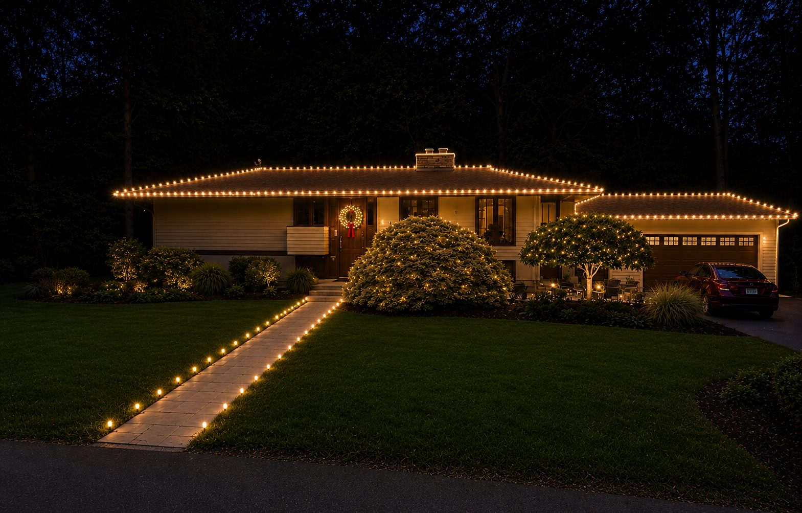 Warm white C9 holiday lights installed on a New Jersey home roofline and walkway