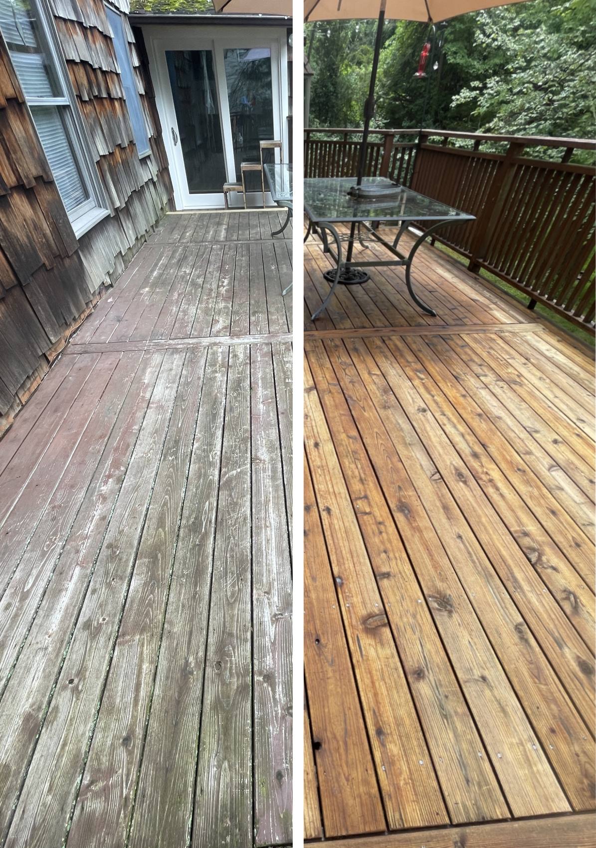 Weathered wood deck before and after restoration and re-staining in Morris County, NJ
