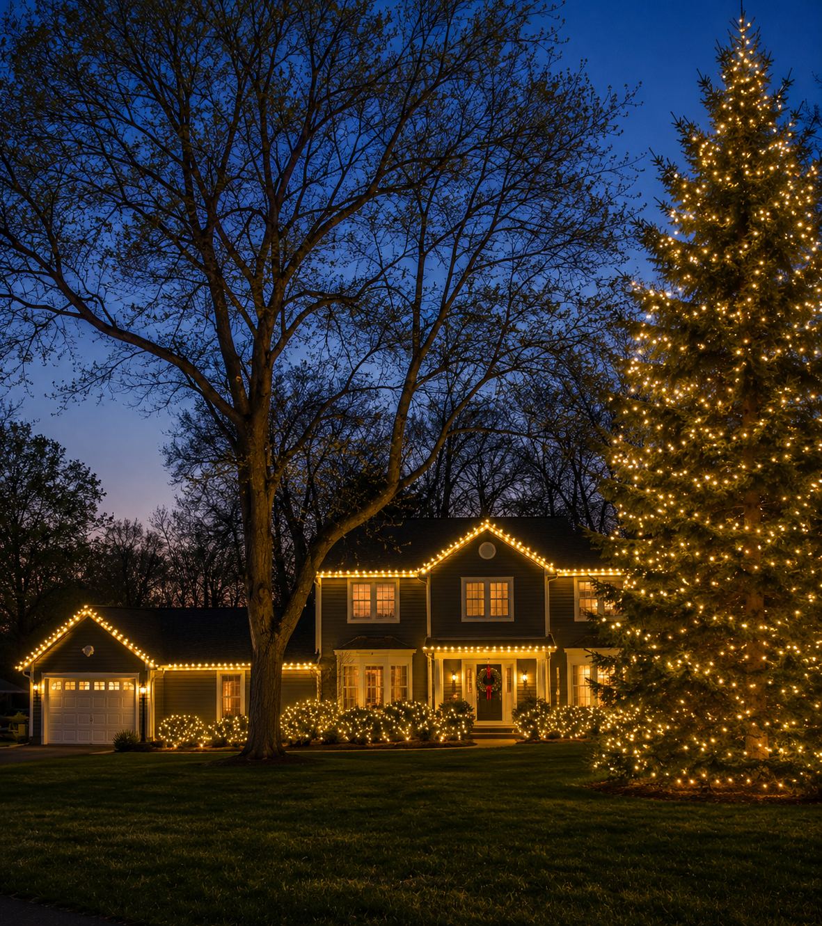 Christmas tree wrapping and warm white roofline lighting at a New Jersey home