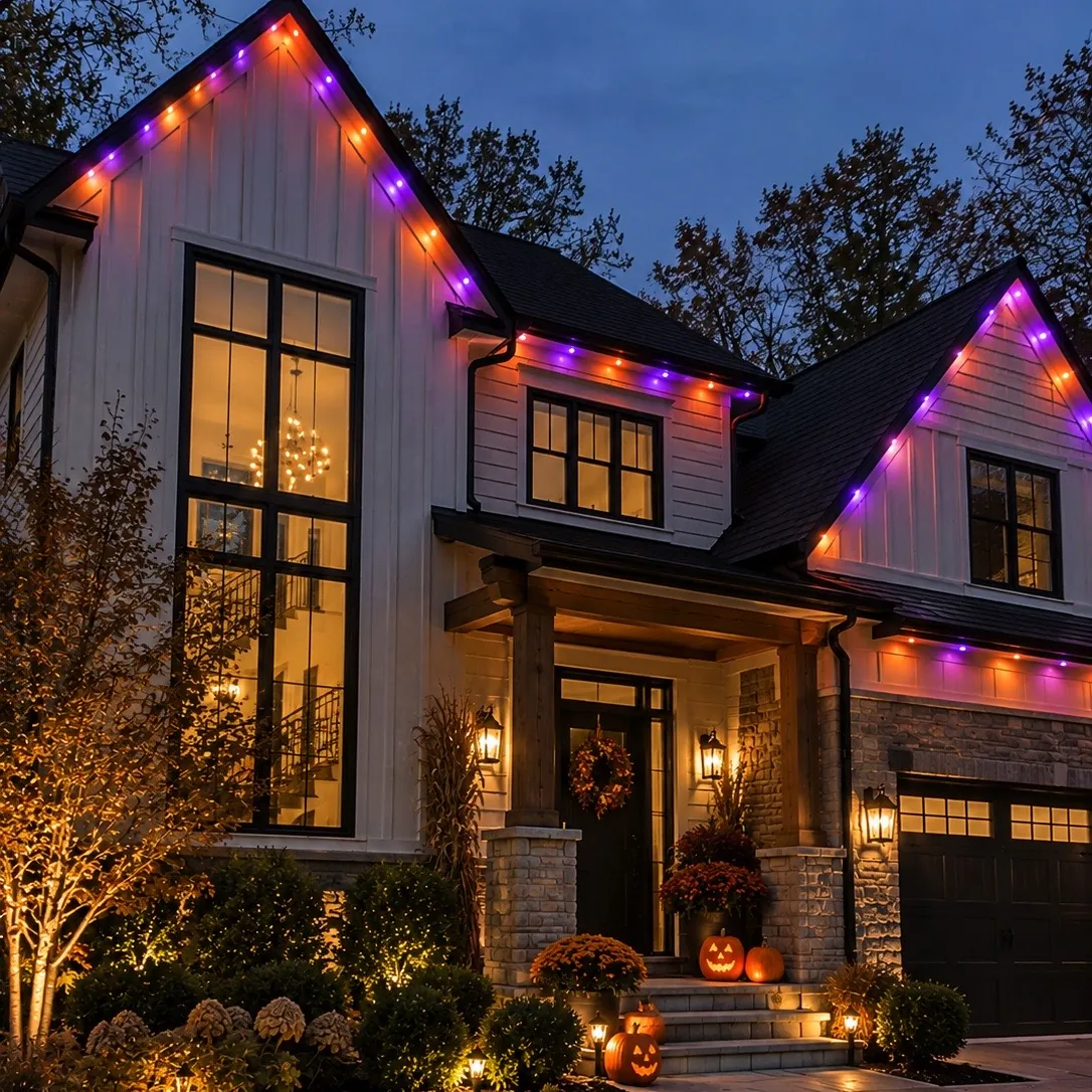 Orange and purple permanent LED lights along the rooflines of a New Jersey home for Halloween