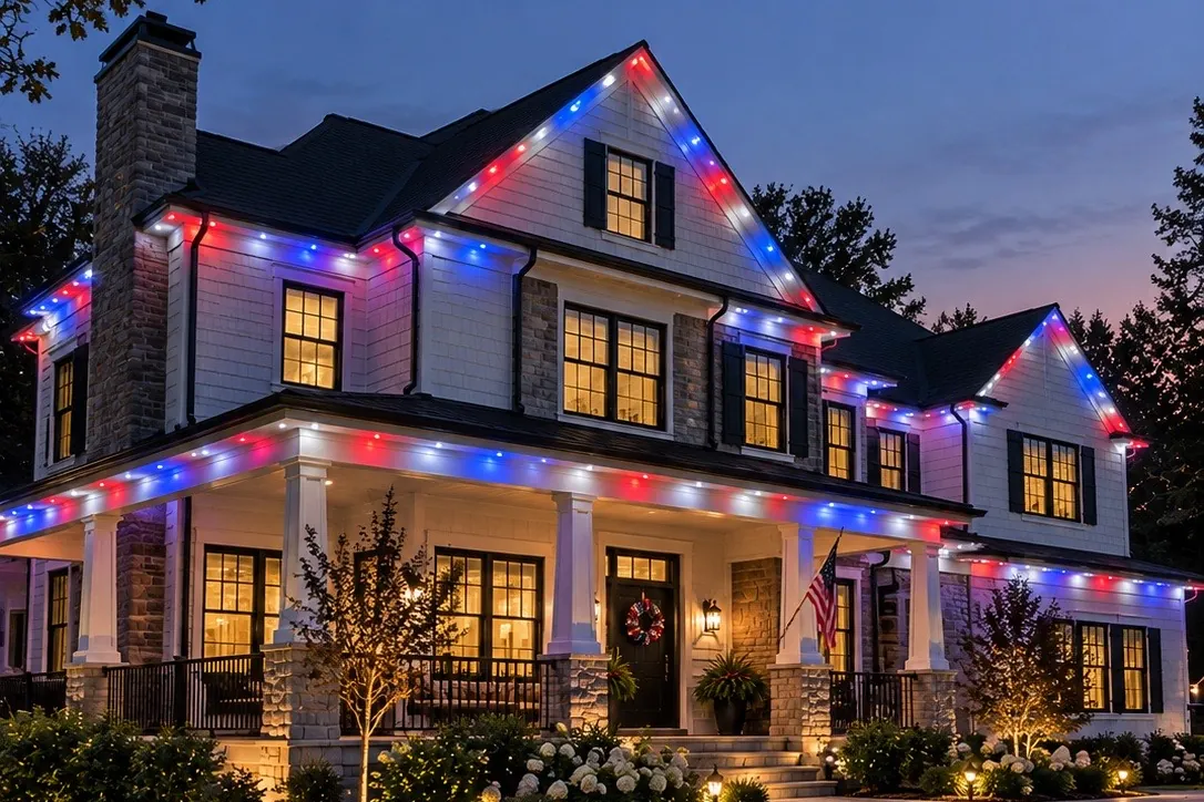 Red, white and blue permanent LED lights along the rooflines and porch of a New Jersey home