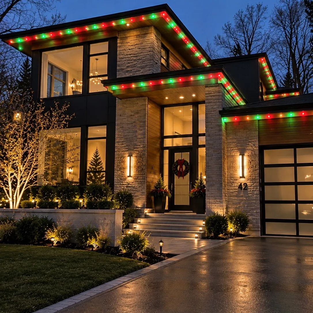 Red and green permanent LED lights along the rooflines of a modern New Jersey home for Christmas