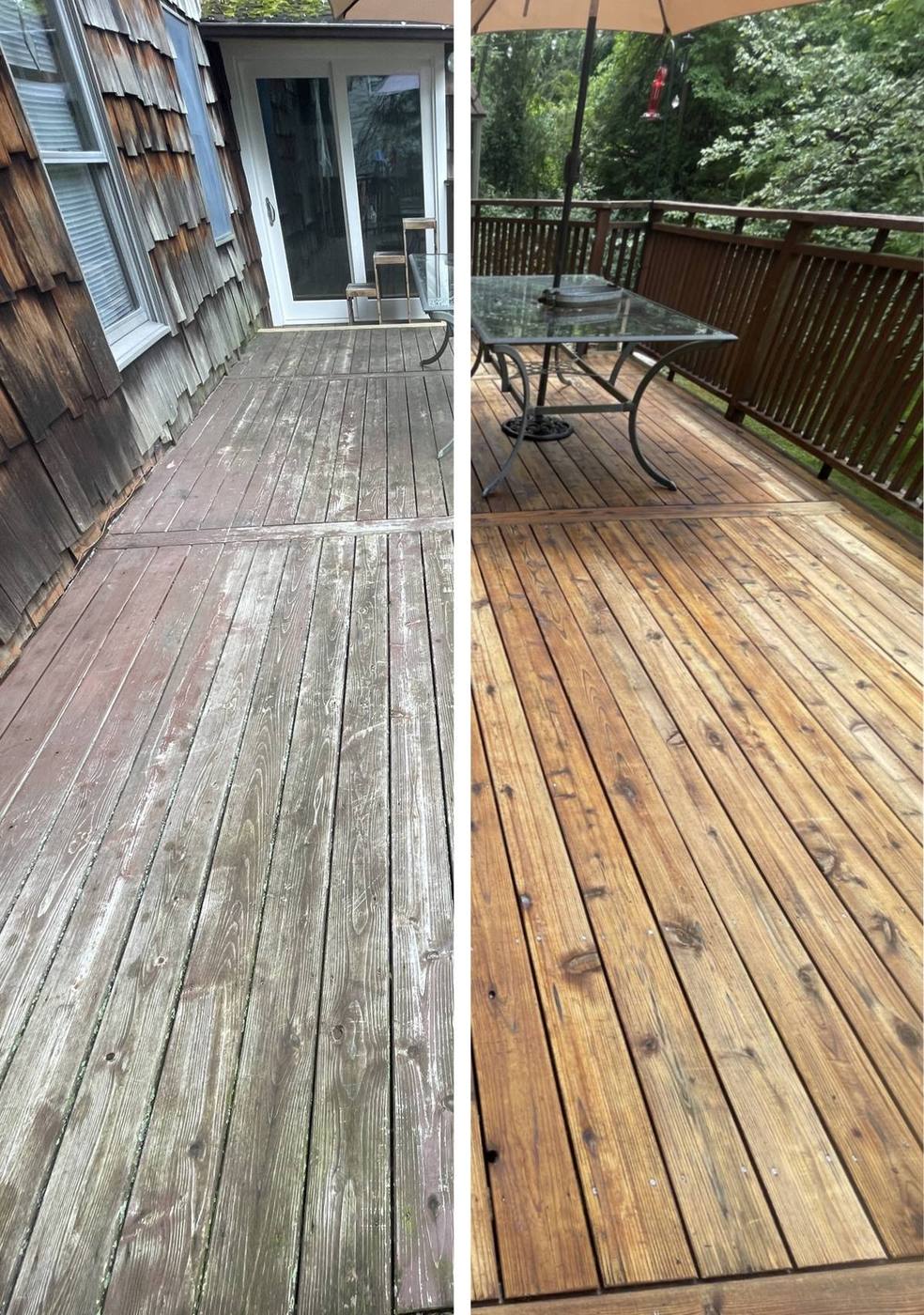 Weathered wood deck before and after restoration and re-staining in Morris County, NJ