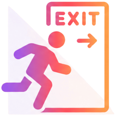 Icon of a person running towards an exit sign with an arrow pointing right.