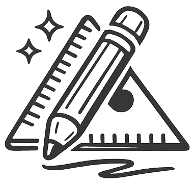 Black outline illustration of a pencil intersecting two rulers with star sparkles and a scribble.