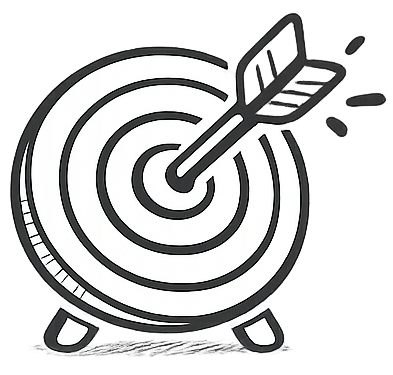 Black and white cartoon target with an arrow hitting the bullseye.