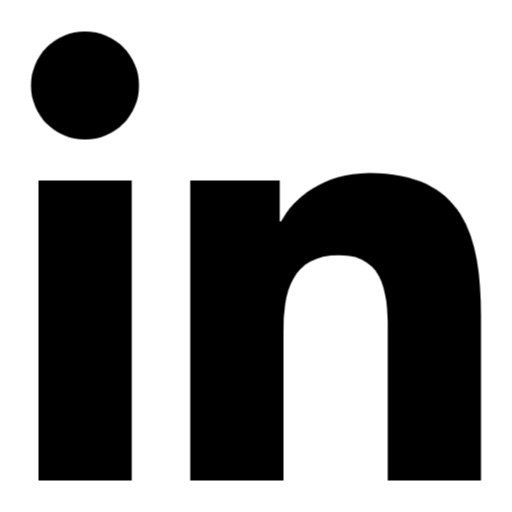 Black and white LinkedIn logo icon on a square background.