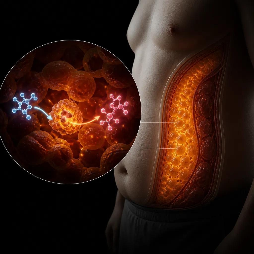 Side view of a person's torso showing a digital cutaway highlighting abdominal fat cells illuminated in orange with an inset close-up of molecular structures and fat cell interactions.