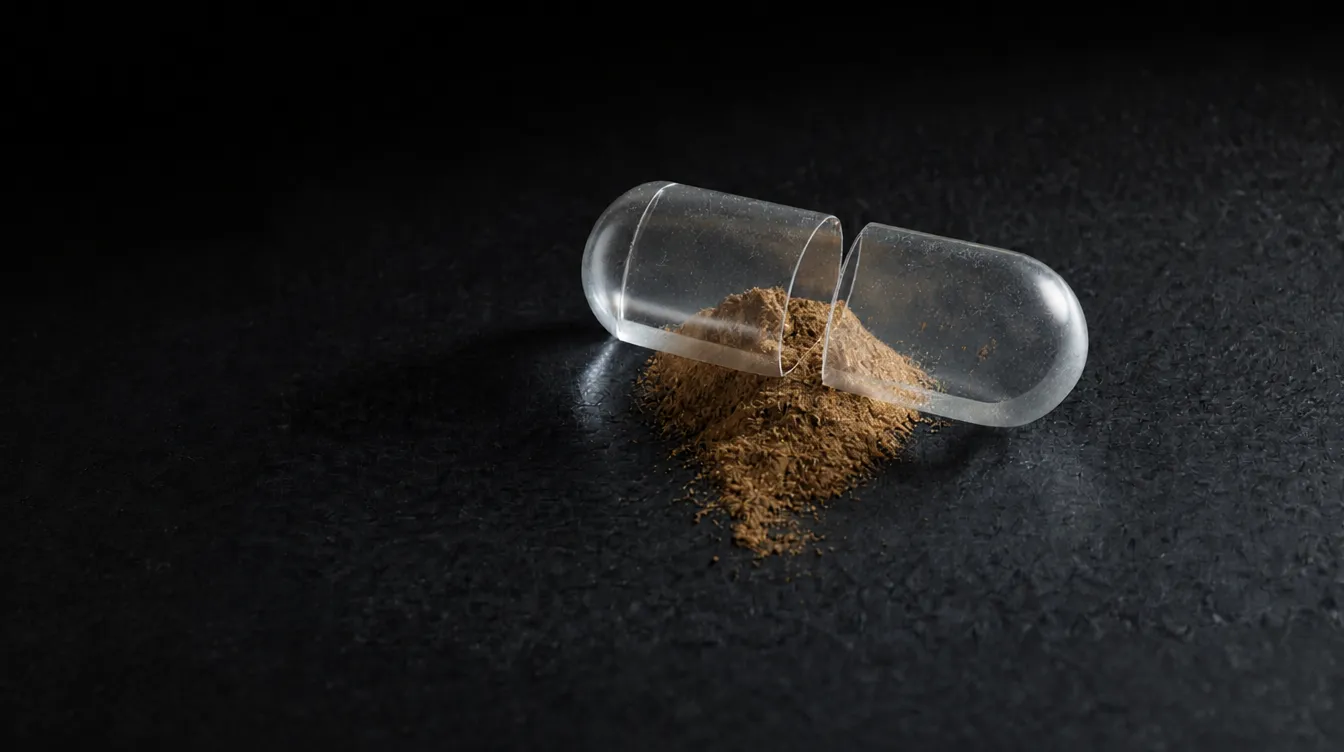 Transparent capsule split open on a dark surface with brown powder spilled from inside.