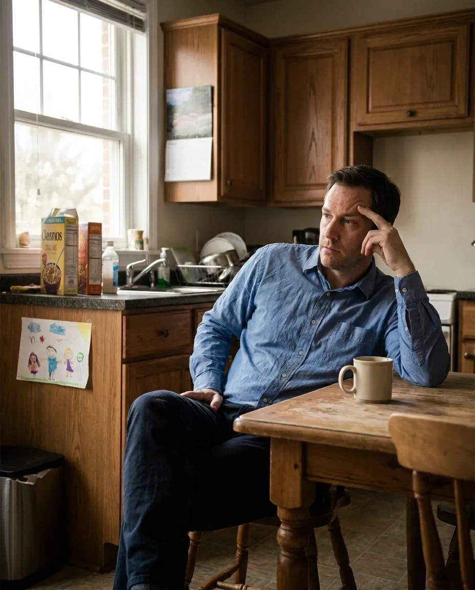 A man in a blue shirt sits thoughtfully at a wooden kitchen table with a coffee mug, with natural light coming through a window and kitchen cabinets in the background.
