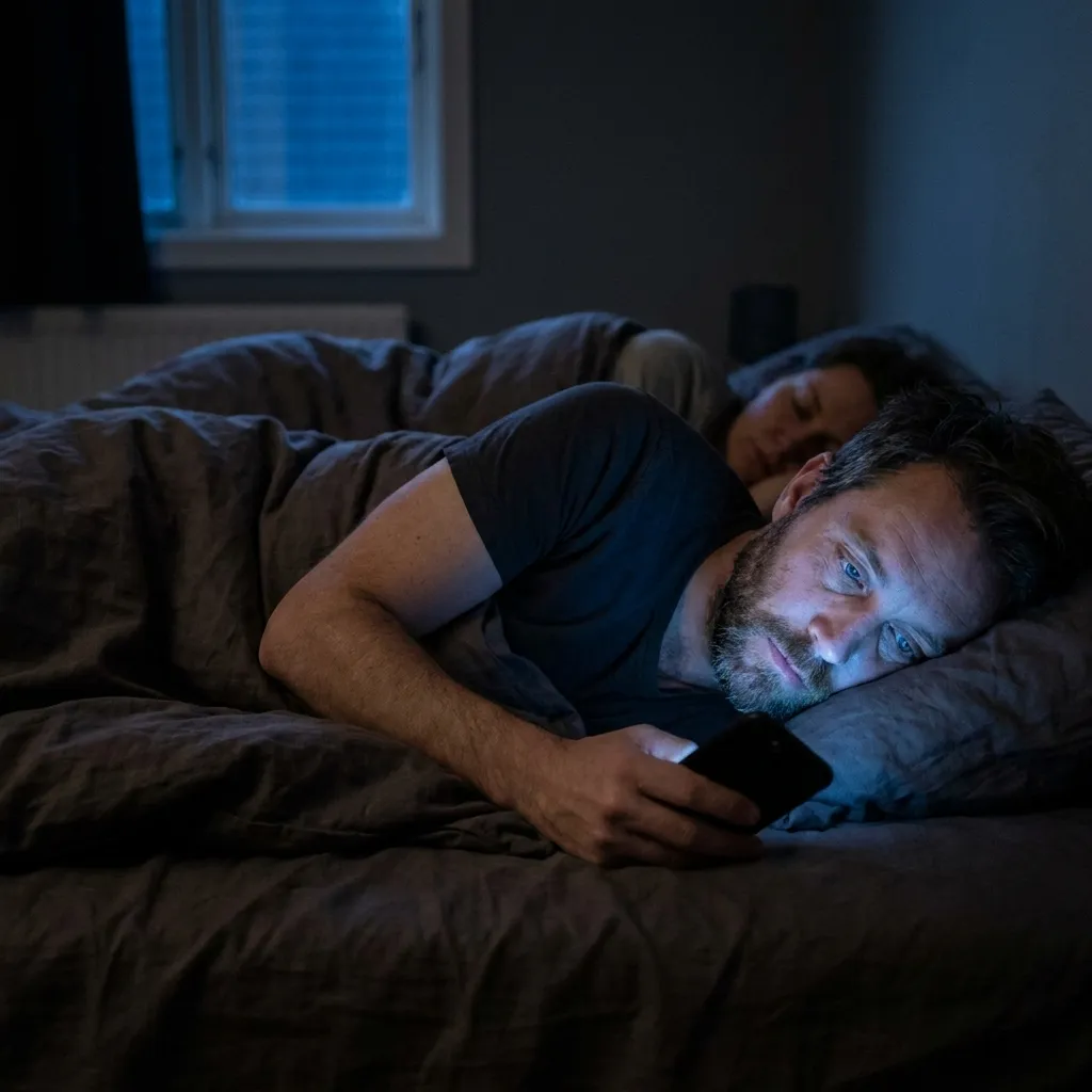A man lying awake in bed at night looking at his smartphone with a concerned expression while a woman sleeps beside him under a blanket.